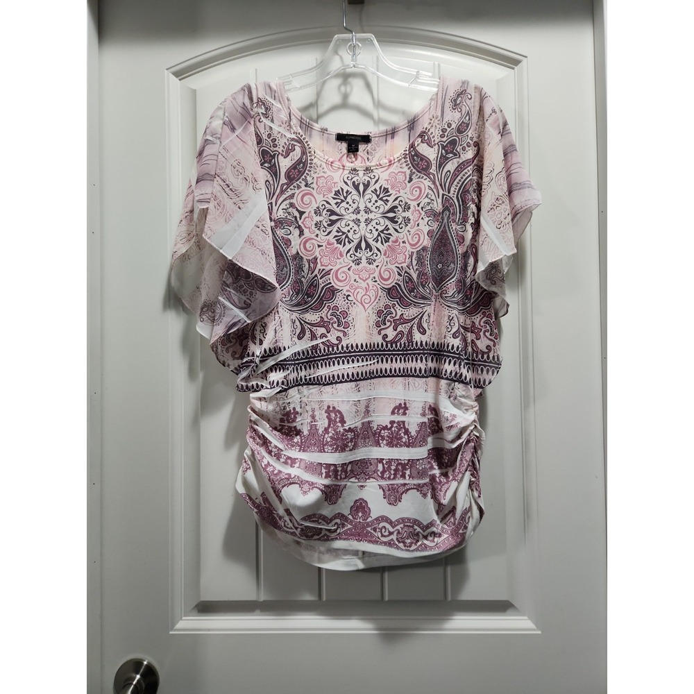 Espresso Womens Pink Purple Paisley Medallion Ruched Flutter Sleeve Top Size M